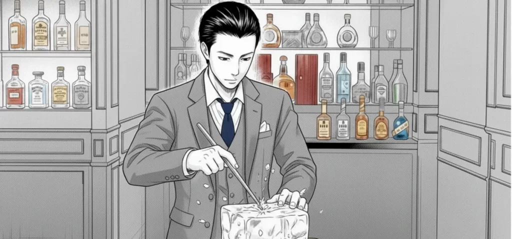 バーテンダーが氷を割る