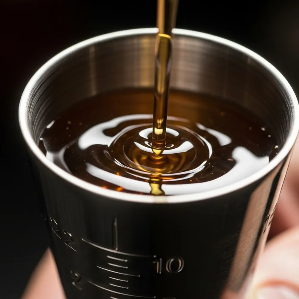 お酒をジガーに注いでいる