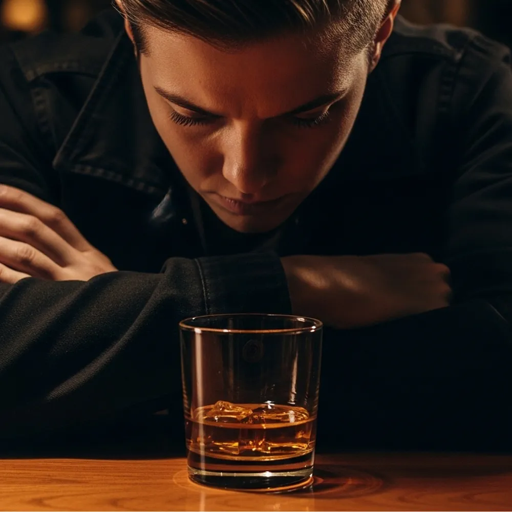 グラスを見つめる女性